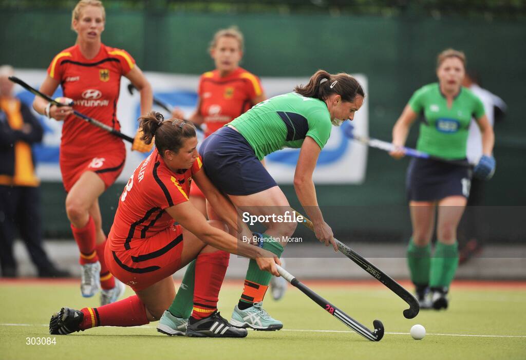 12 June 2008; Eimear Cregan, Ireland, in action against Julia Muller, Germany. Setanta Sports Trophy, Ireland v Germany, National Hockey Stadium, UCD, Belfield, Dublin. Picture credit: Brendan Moran / SPORTSFILE