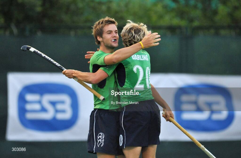12 June 2008; Alan Sothem, Ireland, congratulates team-mate Mitch Darling, 20, on scoring their side's second goal against Canada. Setanta Sports Trophy, Ireland v Canada, National Hockey Stadium, UCD, Belfield, Dublin. Picture credit: Brendan Moran / SPORTSFILE
