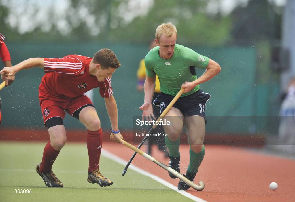 12 June 2008; Eugene Magee, Ireland, is tackled by Scott Tupper, Canada. Setanta Sports Trophy, Ireland v Canada, National Hockey Stadium, UCD, Belfield, Dublin. Picture credit: Brendan Moran / SPORTSFILE