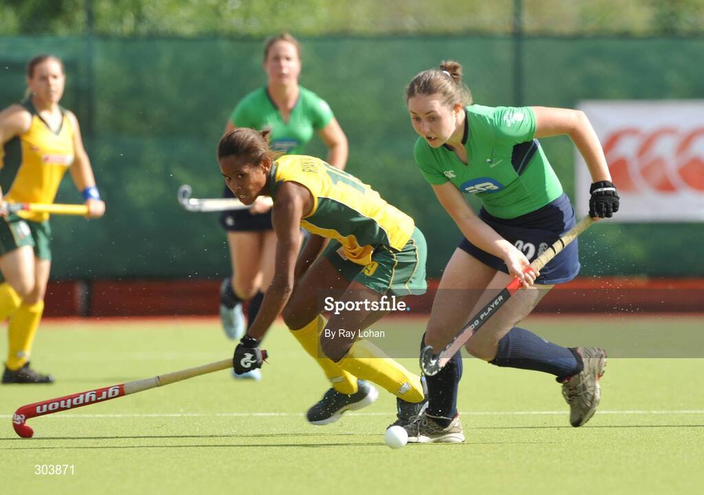 15 June 2008; Lisa Jacob, Ireland, in action against Vidette Ryan, South Africa. Women's Setanta Sports Trophy, Ireland v South Africa, National Hockey Stadium, UCD, Belfield. Picture credit: Ray Lohan / SPORTSFILE *** Local Caption ***