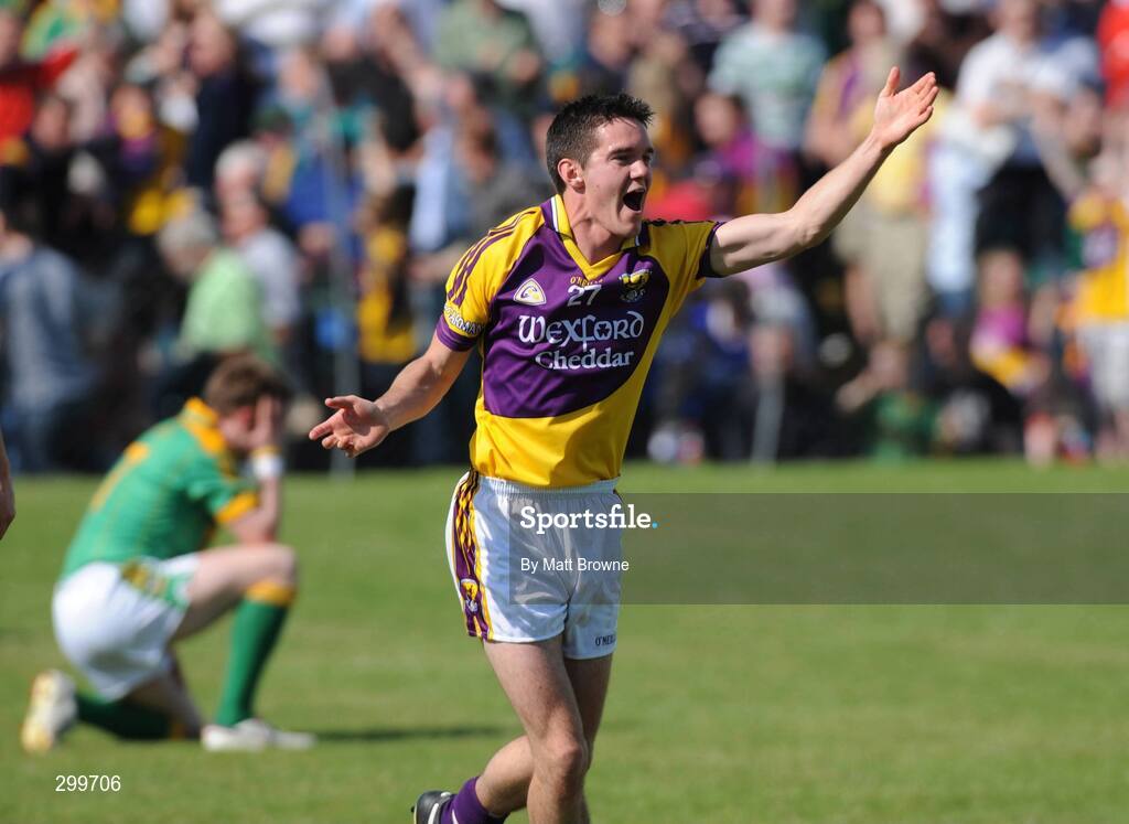 1 June 2008; Shane Roche, Wexford, celebrates at the final whistle as Niall Murphy, Meath, drops to his knees. GAA Football Leinster Senior Championship Quarter-Final, Meath v Wexford, Dr. Cullen Park, Carlow. Picture credit: Matt Browne / SPORTSFILE