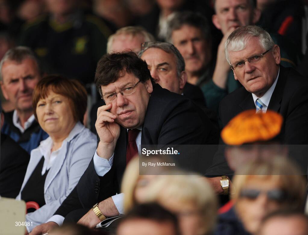 15 June 2008; An Taoiseach Brian Cowen, T.D., with Leinster Council Chairman Sheamus Howlin to his left, watches the last few minutes of the game. GAA Hurling Leinster Senior Championship Semi-Final, Offaly v Kilkenny, O'Moore Park, Portlaoise, Co. Laois. Picture credit: Ray McManus / SPORTSFILE