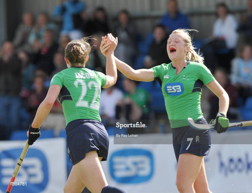 15 June 2008; Lisa Jacob, left, celebrates with Emma Clarke, Ireland, after scoring her sides first goal. Women's Setanta Sports Trophy, Ireland v South Africa, National Hockey Stadium, UCD, Belfield. Picture credit: Ray Lohan / SPORTSFILE *** Local Caption ***