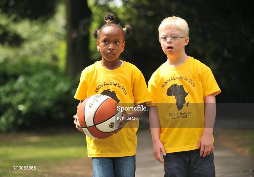 17 June 2008; At the launch of the Athletics Advocate for Africa conference, to be hosted by Special Olympics Ireland from 22-26 June in Dublin are seven-year-old Blessing Nduka, from Clonee, Co. Meath, and Special Olympics Athlete Andrew McCarthy, from Foxrock, Dublin. St. Stephen’s Green, Dublin. Picture credit: David Maher / SPORTSFILE