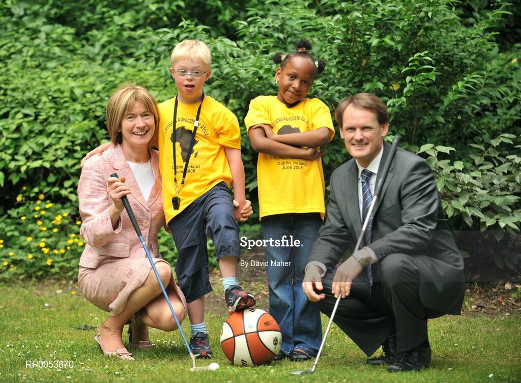 17 June 2008; At the launch of the Athletics Advocate for Africa conference, to be hosted by Special Olympics Ireland from 22-26 June in Dublin are Mary Davis, Managing Director, Special Olympics Europe/Eurasia, seven-year-old Blessing Nduka, from Clonee, Co. Meath, Special Olympics Athlete Andrew McCarthy, aged 9, from Foxrock, Dublin, and Peter Power T.D., Minister of State for Overseas Development. St. Stephen's Green, Dublin. Picture credit: David Maher / SPORTSFILE