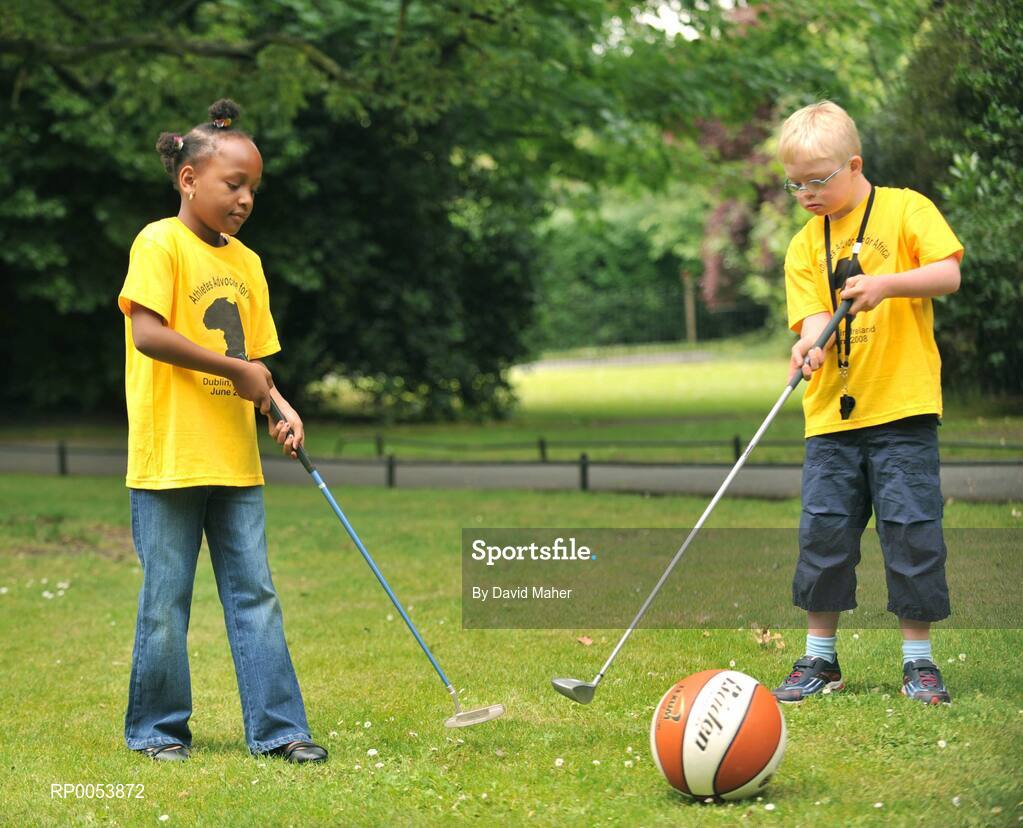 17 June 2008; At the launch of the Athletics Advocate for Africa conference, to be hosted by Special Olympics Ireland from 22-26 June in Dublin are seven-year-old Blessing Nduka, from Clonee, Co. Meath, and Special Olympics Athlete Andrew McCarthy, from Foxrock, Dublin. St. Stephen’s Green, Dublin. Picture credit: David Maher / SPORTSFILE