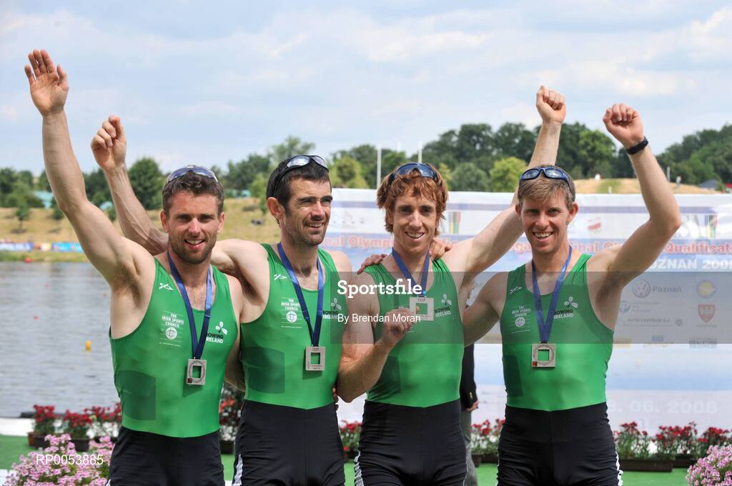 18 June 2008; The Ireland Lightweight Men's Four, from left, Paul Griffin, Gearoid Towey, Cathal Moynihan and Richard Archibald celebrate with their silver medals after finishing second in their Final behind Germany in a time of 6:06.34 and qualifying for the Olympic Games in Beijing in August. 2008 Final Olympic Rowing Qualification Regatta, Poznan, Poland. Picture credit: Brendan Moran / SPORTSFILE