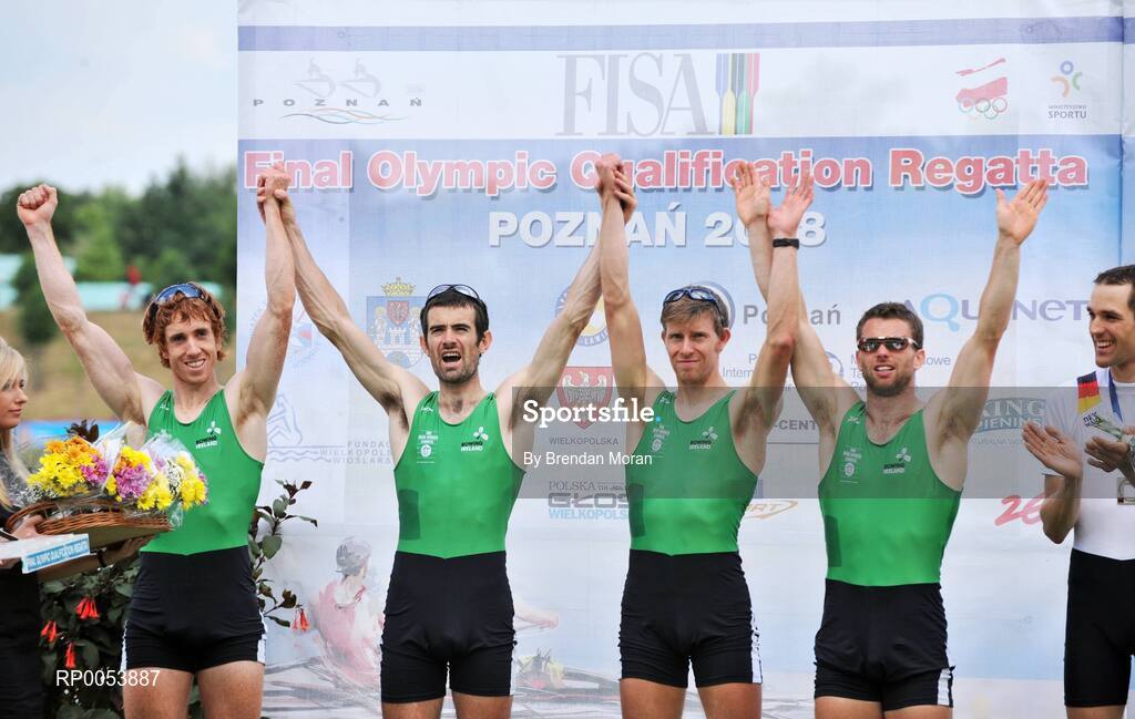18 June 2008; The Ireland Lightweight Men's Four, from left, Cathal Moynihan, Gearoid Towey, Richard Archibald and Paul Griffin celebrate after finishing second in their Final behind Germany in a time of 6:06.34 and qualifying for the Olympic Games in Beijing in August. 2008 Final Olympic Rowing Qualification Regatta, Poznan, Poland. Picture credit: Brendan Moran / SPORTSFILE