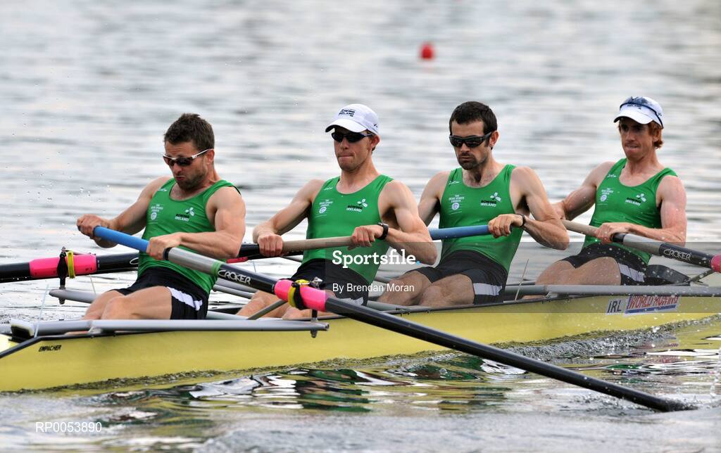 18 June 2008; The Ireland Lightweight Men's Four, from left, Paul Griffin, stroke, Richard Archibald, 2nd seat, Gearoid Towey, 3rd seat and Cathal Moynihan, bow, in action during their Final in which they finished second behind Germany in a time of 6:06.34 and qualifying for the Olympic Games in Beijing in August. 2008 Final Olympic Rowing Qualification Regatta, Poznan, Poland. Picture credit: Brendan Moran / SPORTSFILE