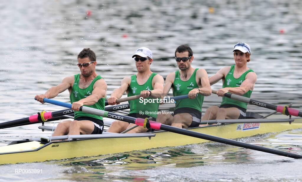 18 June 2008; The Ireland Lightweight Men's Four, from left, Paul Griffin, stroke, Richard Archibald, 2nd seat, Gearoid Towey, 3rd seat and Cathal Moynihan, bow, in action during their Final in which they finished second behind Germany in a time of 6:06.34 and qualifying for the Olympic Games in Beijing in August. 2008 Final Olympic Rowing Qualification Regatta, Poznan, Poland. Picture credit: Brendan Moran / SPORTSFILE