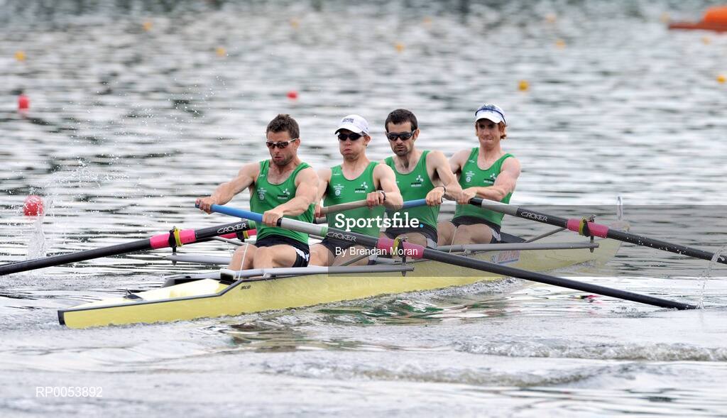18 June 2008; The Ireland Lightweight Men's Four, from left, Paul Griffin, stroke, Richard Archibald, 2nd seat, Gearoid Towey, 3rd seat and Cathal Moynihan, bow, in action during their Final in which they finished second behind Germany in a time of 6:06.34 and qualifying for the Olympic Games in Beijing in August. 2008 Final Olympic Rowing Qualification Regatta, Poznan, Poland. Picture credit: Brendan Moran / SPORTSFILE