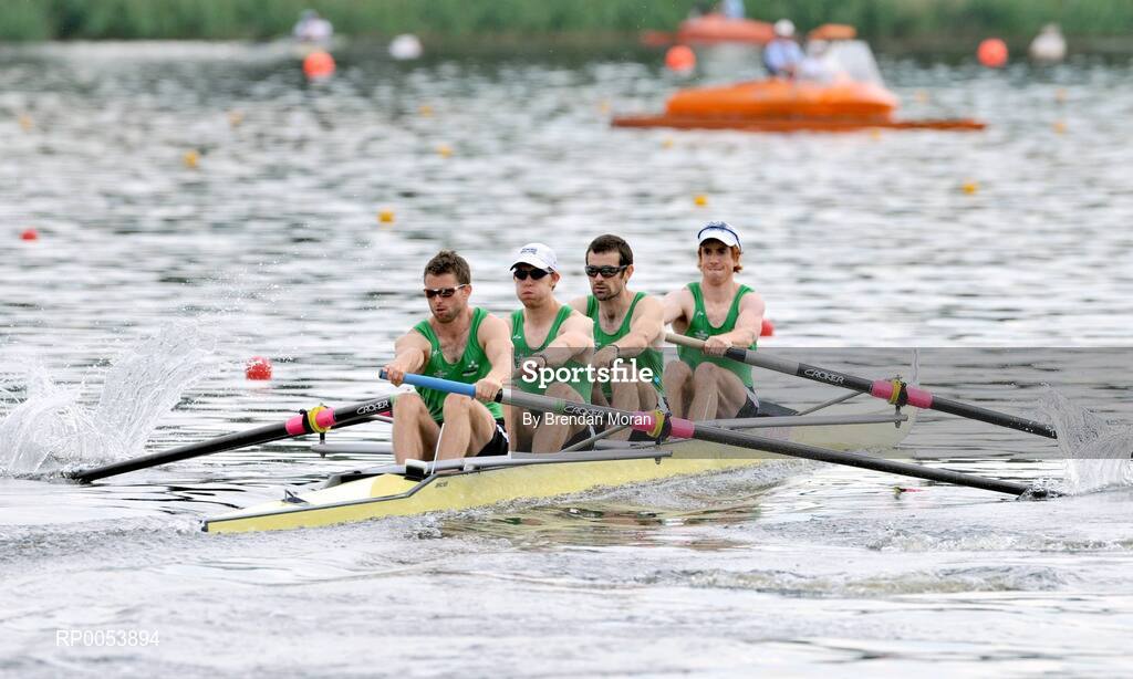18 June 2008; The Ireland Lightweight Men's Four, from left, Paul Griffin, stroke, Richard Archibald, 2nd seat, Gearoid Towey, 3rd seat and Cathal Moynihan, bow, in action during their Final in which they finished second behind Germany in a time of 6:06.34 and qualifying for the Olympic Games in Beijing in August. 2008 Final Olympic Rowing Qualification Regatta, Poznan, Poland. Picture credit: Brendan Moran / SPORTSFILE
