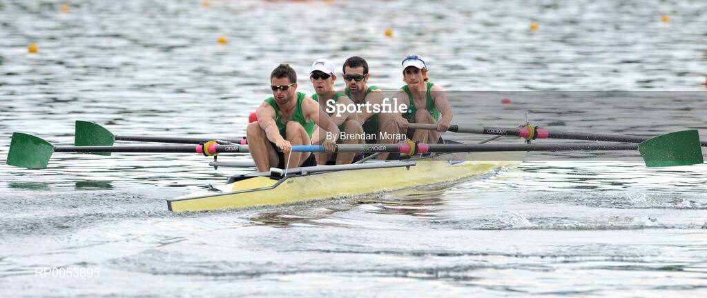 18 June 2008; The Ireland Lightweight Men's Four, from left, Paul Griffin, stroke, Richard Archibald, 2nd seat, Gearoid Towey, 3rd seat and Cathal Moynihan, bow, in action during their Final in which they finished second behind Germany in a time of 6:06.34 and qualifying for the Olympic Games in Beijing in August. 2008 Final Olympic Rowing Qualification Regatta, Poznan, Poland. Picture credit: Brendan Moran / SPORTSFILE
