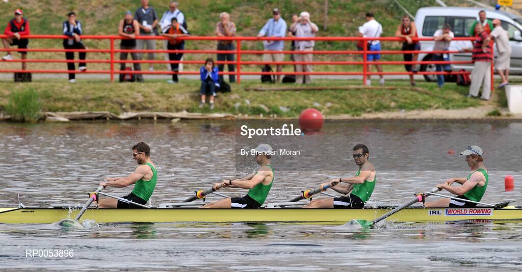 18 June 2008; The Ireland Lightweight Men's Four, from left, Paul Griffin, stroke, Richard Archibald, 2nd seat, Gearoid Towey, 3rd seat and Cathal Moynihan, bow, in action during their Final in which they finished second behind Germany in a time of 6:06.34 and qualifying for the Olympic Games in Beijing in August. 2008 Final Olympic Rowing Qualification Regatta, Poznan, Poland. Picture credit: Brendan Moran / SPORTSFILE