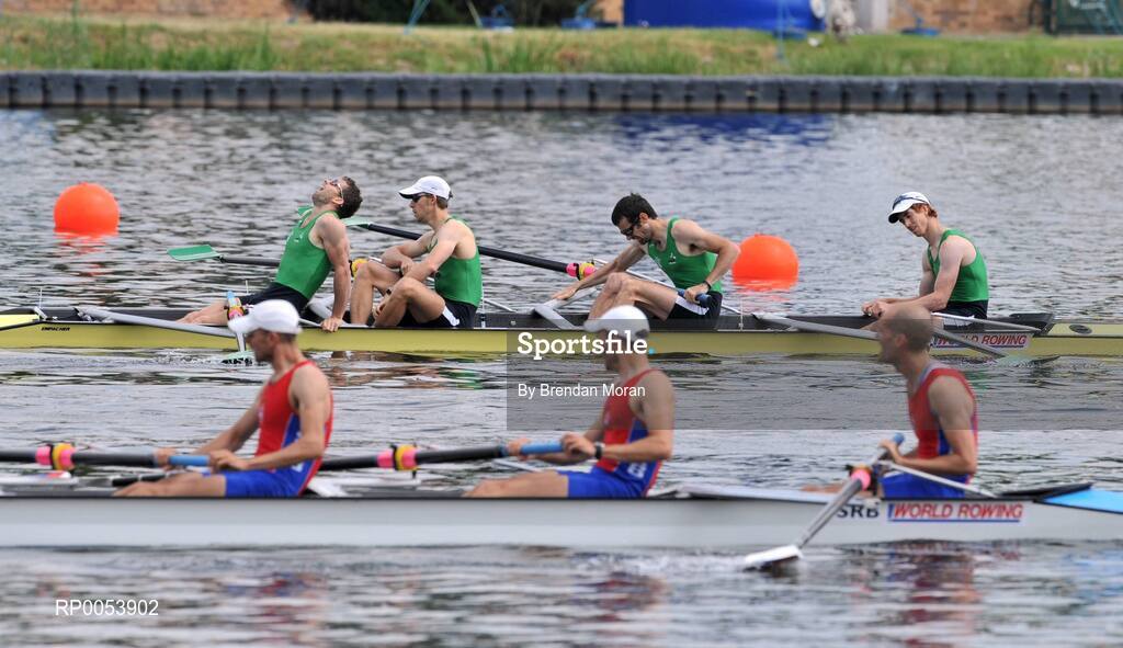 18 June 2008; The Ireland Lightweight Men's Four, from left, Paul Griffin, stroke, Richard Archibald, 2nd seat, Gearoid Towey, 3rd seat and Cathal Moynihan, bow, cross the finish line in their Final ahead of Serbia and behind Germany in a time of 6:06.34 and qualifying for the Olympic Games in Beijing in August. 2008 Final Olympic Rowing Qualification Regatta, Poznan, Poland. Picture credit: Brendan Moran / SPORTSFILE