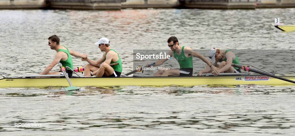 18 June 2008; The Ireland Lightweight Men's Four, from left, Paul Griffin, stroke, Richard Archibald, 2nd seat, Gearoid Towey, 3rd seat and Cathal Moynihan, bow, congratulate each other after finished second in their Final behind Germany in a time of 6:06.34 and qualifying for the Olympic Games in Beijing in August. 2008 Final Olympic Rowing Qualification Regatta, Poznan, Poland. Picture credit: Brendan Moran / SPORTSFILE