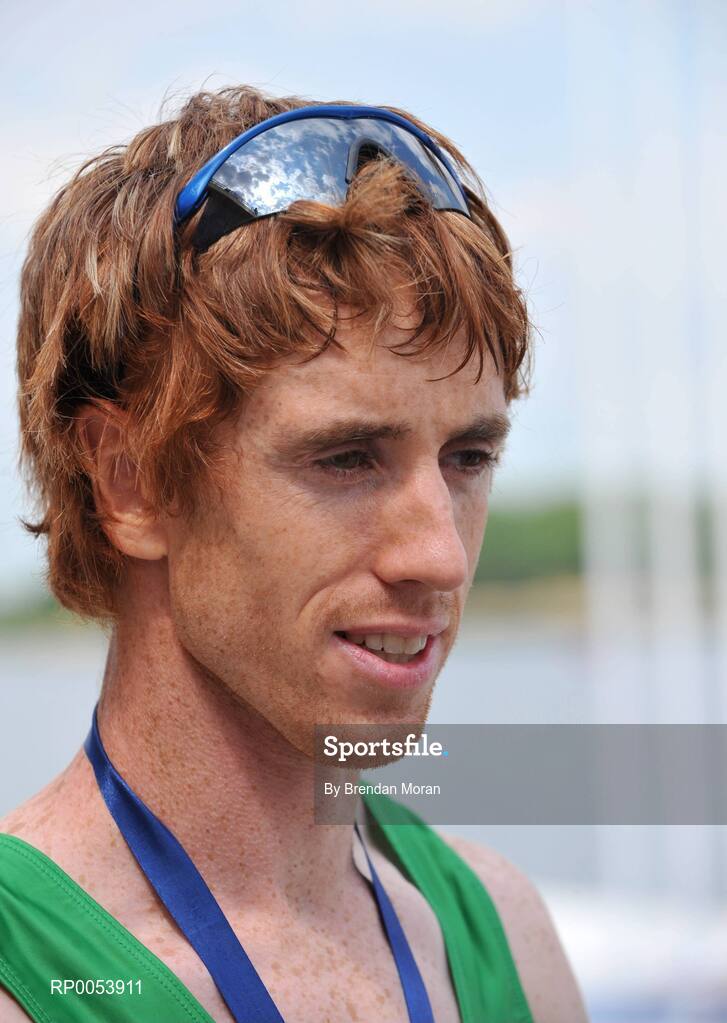 18 June 2008; Member of the Ireland Lightweight Men's Four Cathal Moynihan speaking to the media after finished second in their Final behind Germany in a time of 6:06.34 and qualifying for the Olympic Games in Beijing in August. 2008 Final Olympic Rowing Qualification Regatta, Poznan, Poland. Picture credit: Brendan Moran / SPORTSFILE