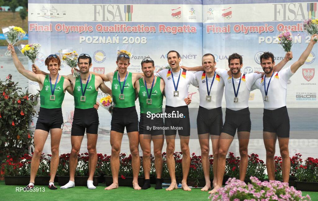 18 June 2008; The Ireland Lightweight Men's Four, from left, Cathal Moynihan, Gearoid Towey, Richard Archibald and Paul Griffin celebrate after finishing second in their Final behind Germany in a time of 6:06.34 and qualifying for the Olympic Games in Beijing in August. 2008 Final Olympic Rowing Qualification Regatta, Poznan, Poland. Picture credit: Brendan Moran / SPORTSFILE