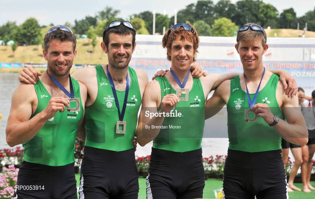 18 June 2008; The Ireland Lightweight Men's Four, from left, Paul Griffin, Gearoid Towey, Cathal Moynihan and Richard Archibald celebrate with their silver medals after finishing second in their Final behind Germany in a time of 6:06.34 and qualifying for the Olympic Games in Beijing in August. 2008 Final Olympic Rowing Qualification Regatta, Poznan, Poland. Picture credit: Brendan Moran / SPORTSFILE