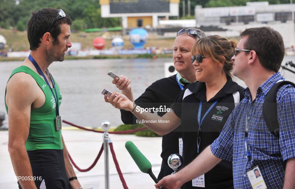 18 June 2008; Member of the Ireland Lightweight Men's Four Gearoid Towey speaks to the media after finished second in their Final behind Germany in a time of 6:06.34 and qualifying for the Olympic Games in Beijing in August. 2008 Final Olympic Rowing Qualification Regatta, Poznan, Poland. Picture credit: Brendan Moran / SPORTSFILE
