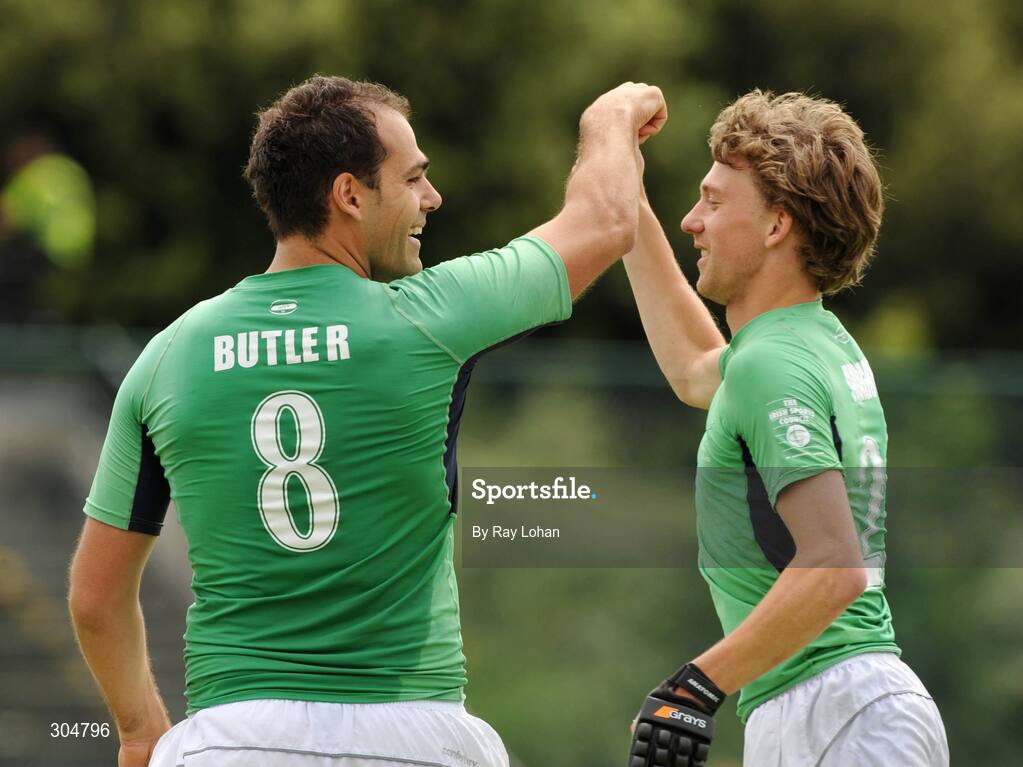 15 June 2008; Stephen Butler, Ireland, left, celebrates after scoring his sides first goal with Phelie Maguire. Men's Setanta Sports Trophy, Ireland v Great Britain, National Hockey Stadium, UCD, Belfield. Picture credit: Ray Lohan / SPORTSFILE *** Local Caption ***