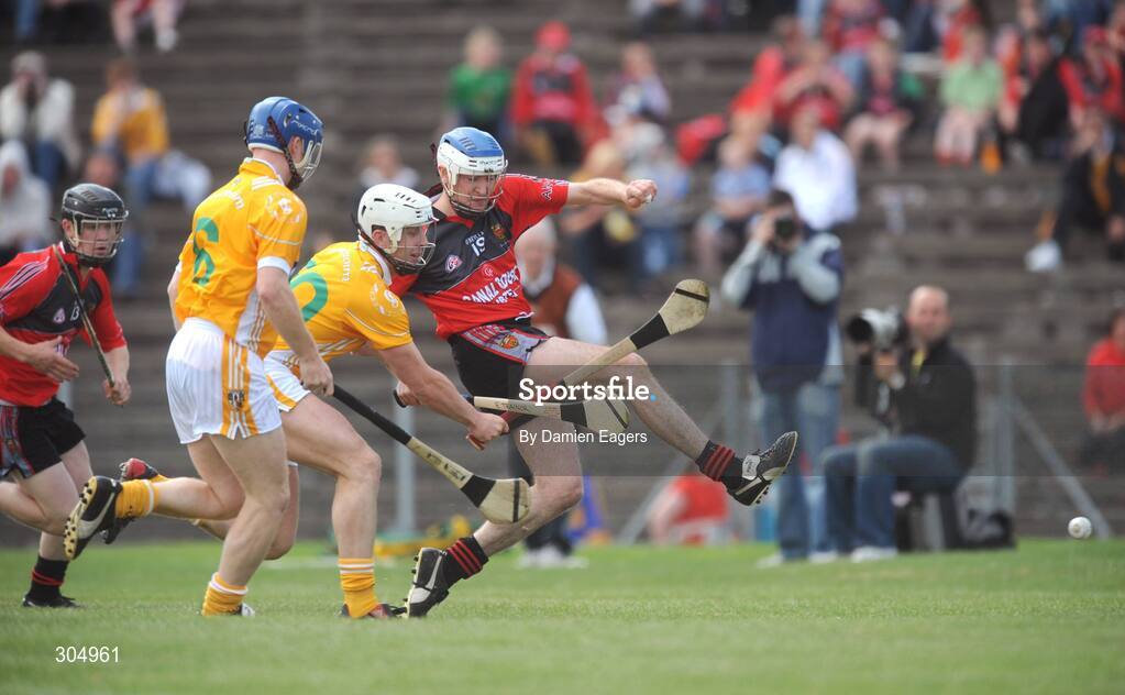 15 June 2008; Emmett Trainor, Down, in action against Michael Herron, 10, and Karl McKeegan, Antrim, GAA Hurling Ulster Senior Championship Final, Antrim v Down, Casement Park, Belfast. Picture credit: Damien Eagers / SPORTSFILE