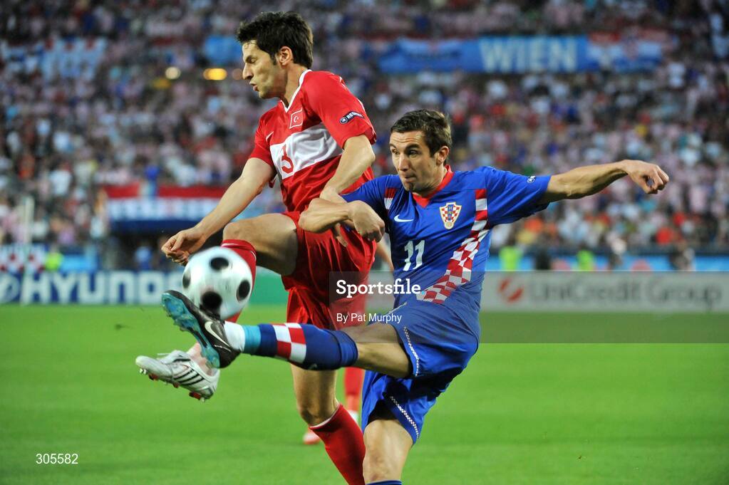 20 June 2008; Darijo Srna, Croatia, in action against Hakan Balta, Turkey. UEFA EURO 2008TM, Quarter-Final, Croatia v Turkey, Ernst Happel Stadion, Vienna, Austria. Picture credit; Pat Murphy / SPORTSFILE