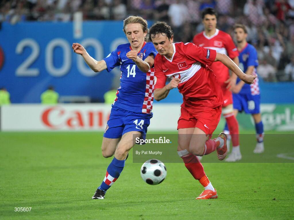 20 June 2008; Luka Modric, Croatia, in action against Tuncay Sanli, Turkey. UEFA EURO 2008TM, Quarter-Final, Croatia v Turkey, Ernst Happel Stadion, Vienna, Austria. Picture credit; Pat Murphy / SPORTSFILE