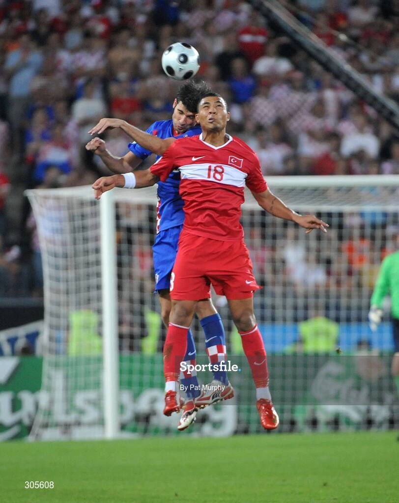 20 June 2008; Kazim Kazim, Turkey, in action against Vedran Corluka, Croatia. UEFA EURO 2008TM, Quarter-Final, Croatia v Turkey, Ernst Happel Stadion, Vienna, Austria. Picture credit; Pat Murphy / SPORTSFILE