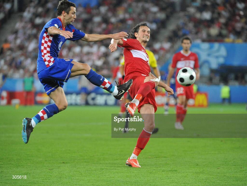 20 June 2008; Tuncay Sanli, Turkey, in action against Darijo Srna, Croatia. UEFA EURO 2008TM, Quarter-Final, Croatia v Turkey, Ernst Happel Stadion, Vienna, Austria. Picture credit; Pat Murphy / SPORTSFILE