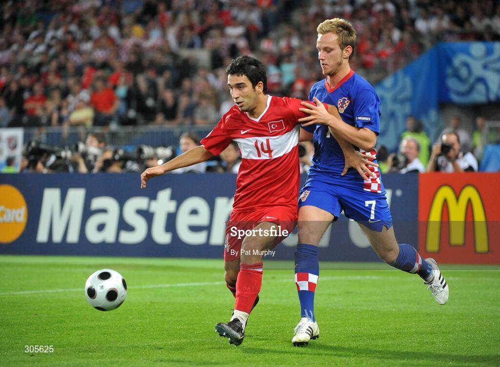 20 June 2008; Arda Turan, Turkey, in action against Ivan Rakitic, Croatia. UEFA EURO 2008TM, Quarter-Final, Croatia v Turkey, Ernst Happel Stadion, Vienna, Austria. Picture credit; Pat Murphy / SPORTSFILE