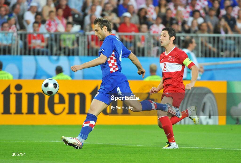 20 June 2008; Robert Kovac, Croatia, in action against Nihat Kahveci, Turkey. UEFA EURO 2008TM, Quarter-Final, Croatia v Turkey, Ernst Happel Stadion, Vienna, Austria. Picture credit; Pat Murphy / SPORTSFILE
