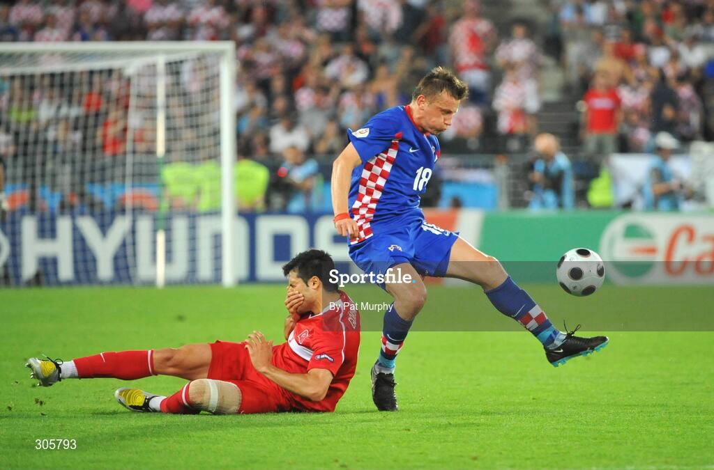 20 June 2008; Ivica Olic, Croatia, in action against Gokhan Zan, Turkey. UEFA EURO 2008TM, Quarter-Final, Croatia v Turkey, Ernst Happel Stadion, Vienna, Austria. Picture credit; Pat Murphy / SPORTSFILE