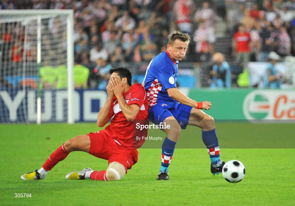 20 June 2008; Ivica Olic, Croatia, in action against Gokhan Zan, Turkey. UEFA EURO 2008TM, Quarter-Final, Croatia v Turkey, Ernst Happel Stadion, Vienna, Austria. Picture credit; Pat Murphy / SPORTSFILE