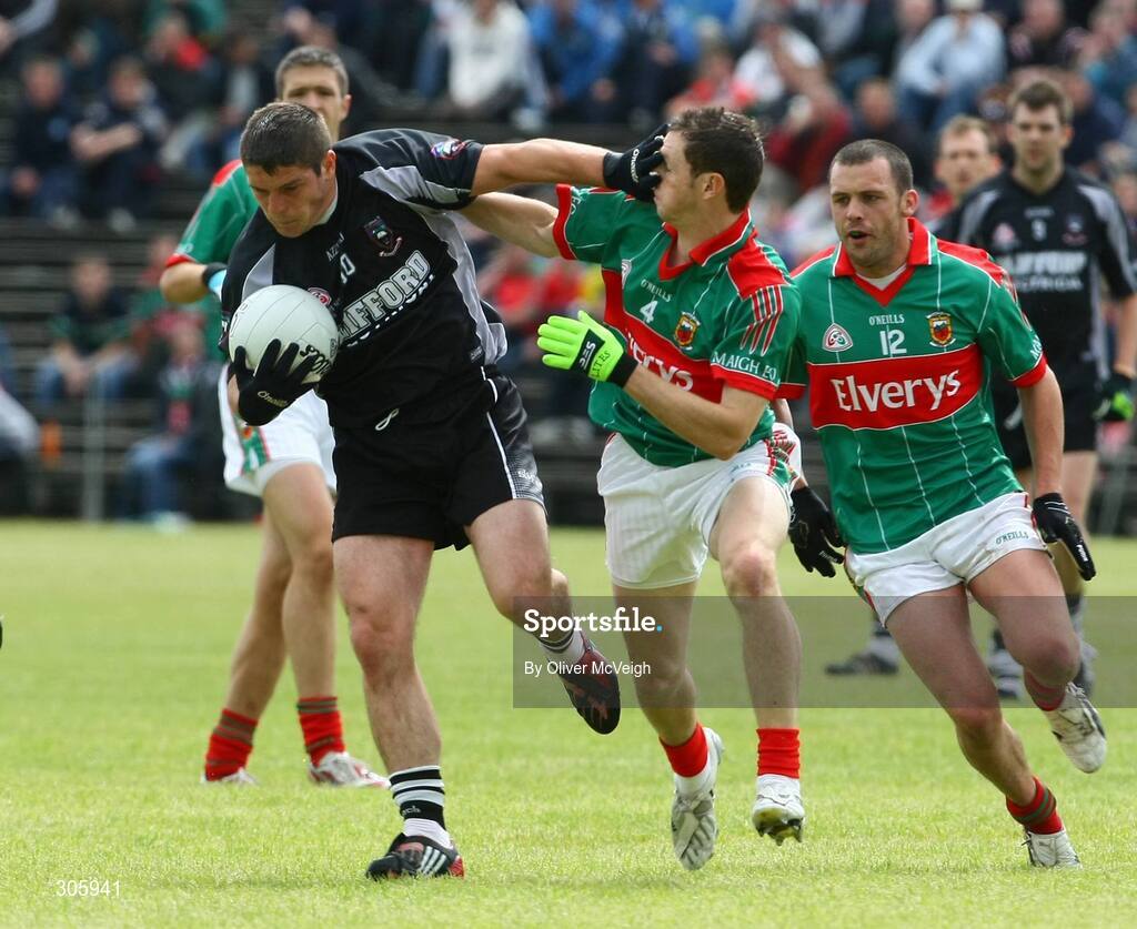 22 June 2008; Brian Curran, Sligo, in action against Keith Higgins, Mayo. GAA Football Connacht Senior Championship Semi-Final, Mayo v Sligo, McHale Park, Castlebar, Co. Mayo. Picture credit: Oliver McVeigh / SPORTSFILE