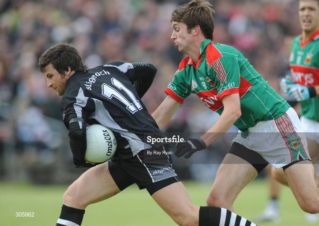 22 June 2008; Brendan Egan, Sligo, in action against Ronan McGarrity, Mayo. GAA Football Connacht Senior Championship Semi-Final, Mayo v Sligo, McHale Park, Castlebar, Co. Mayo. Picture credit: Ray Ryan / SPORTSFILE