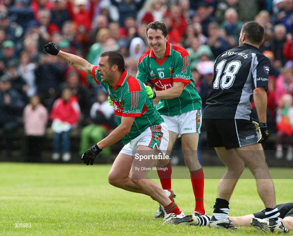 22 June 2008; Mayo's Trevor Mortimer celebrates with team-mate Peadar Gardiner after scoring his side's second goal. GAA Football Connacht Senior Championship Semi-Final, Mayo v Sligo, McHale Park, Castlebar, Co. Mayo. Picture credit: Oliver McVeigh / SPORTSFILE