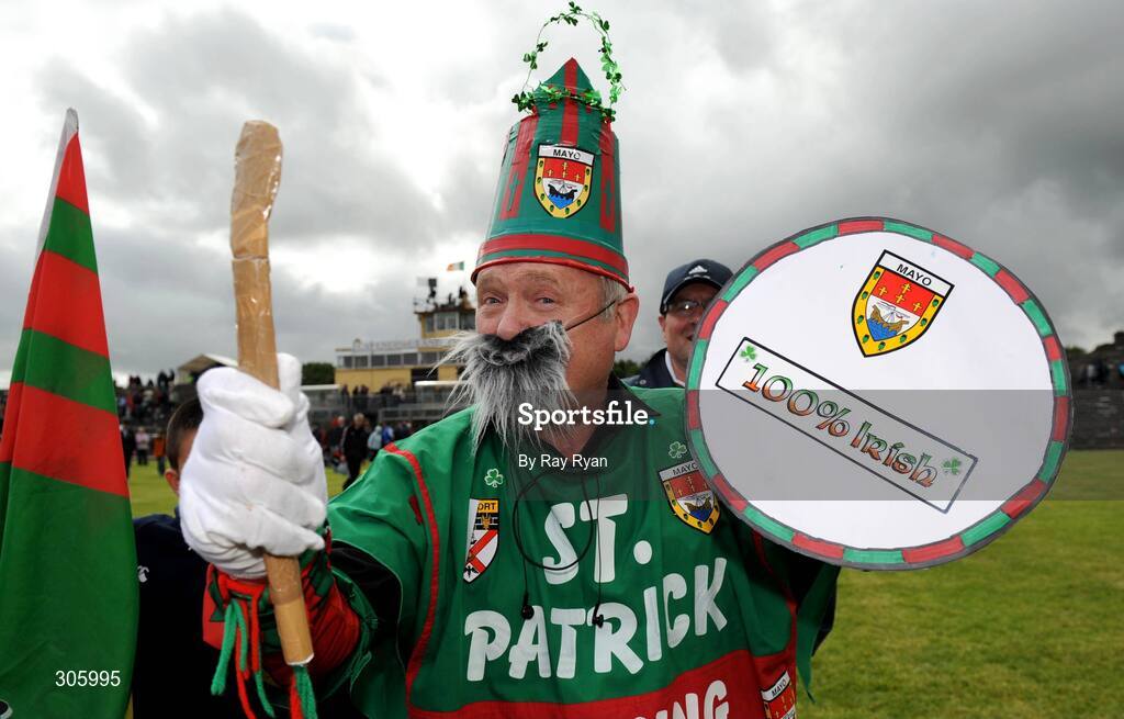 22 June 2008; Mayo supporter John Durkin, from Westport, Co. Mayo, celebrates his side's victory after the game. GAA Football Connacht Senior Championship Semi-Final, Mayo v Sligo, McHale Park, Castlebar, Co. Mayo. Picture credit: Ray Ryan / SPORTSFILE