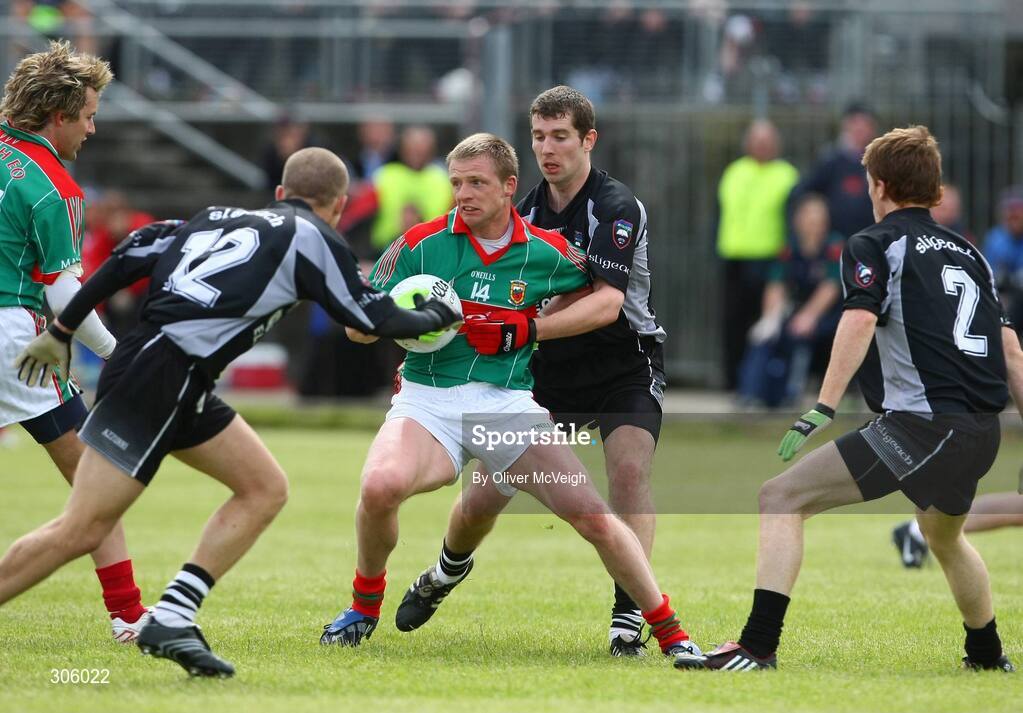 22 June 2008; Austin O'Malley, Mayo, in action against Patrick Naughton, Sligo. GAA Football Connacht Senior Championship Semi-Final, Mayo v Sligo, McHale Park, Castlebar, Co. Mayo. Picture credit: Oliver McVeigh / SPORTSFILE