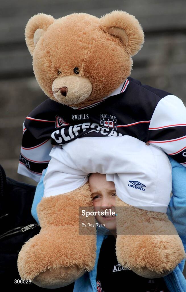 22 June 2008; Seven year old Chloe McKim, from Coolanley, Co. Sligo, watches the match with her teddy bear. GAA Football Connacht Senior Championship Semi-Final, Mayo v Sligo, McHale Park, Castlebar, Co. Mayo. Picture credit: Ray Ryan / SPORTSFILE