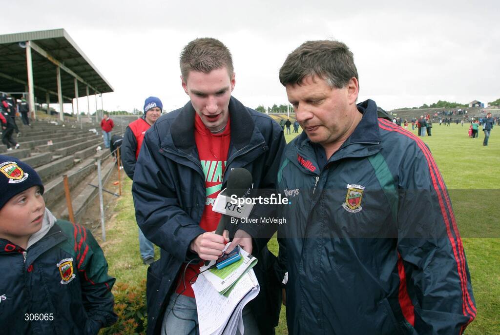 22 June 2008; Mayo manager John O'Mahony is interviewed by RTE as he comes off the field. GAA Football Connacht Senior Championship Semi-Final, Mayo v Sligo, McHale Park, Castlebar, Co. Mayo. Picture credit: Oliver McVeigh / SPORTSFILE