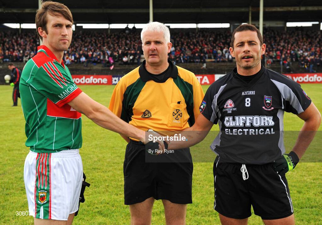 22 June 2008; Ronan McGarrity, Mayo,  shakes the hand of Eamon O Hara, Sligo while referee John Bannon watches. GAA Football Connacht Senior Championship Semi-Final, Mayo v Sligo, McHale Park, Castlebar, Co. Mayo. Picture credit: Ray Ryan / SPORTSFILE