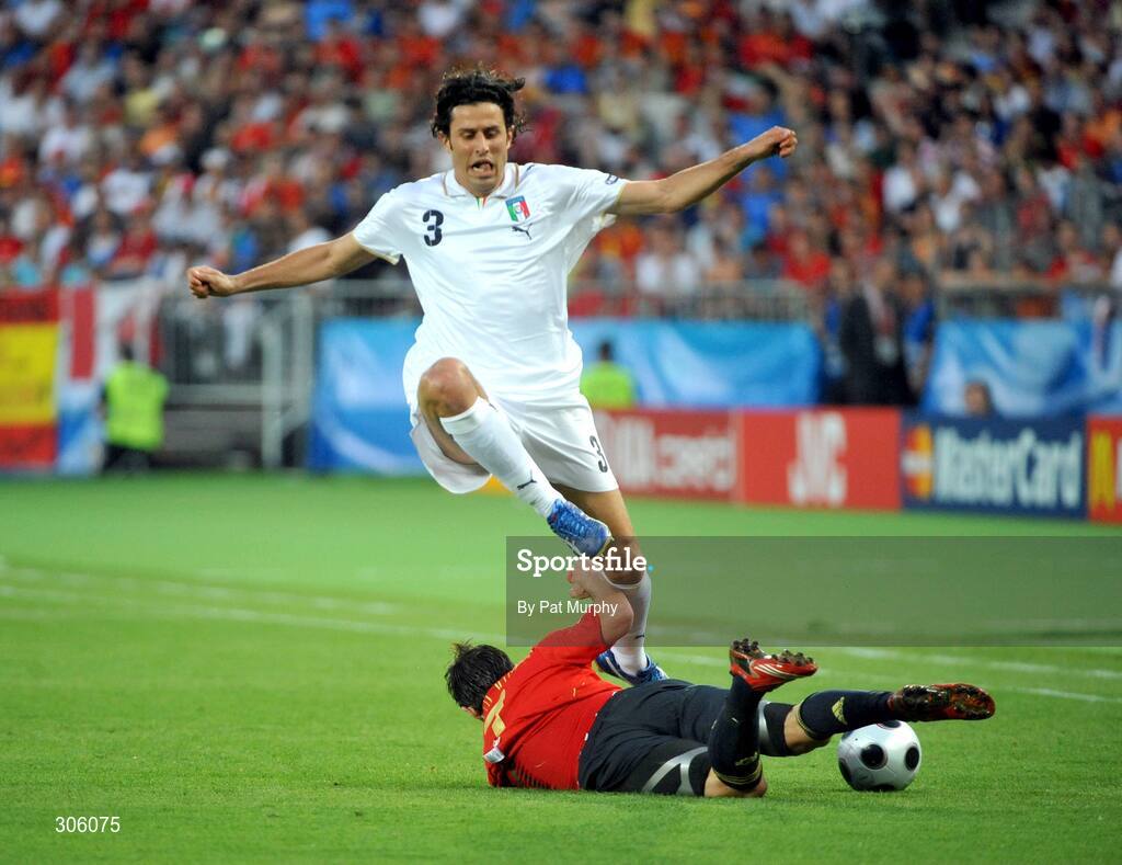 22 June 2008; Fabio Grosso, Italy, in action against David Villa, Spain. UEFA EURO 2008TM, Quarter-Final, Spain v Italy, Ernst Happel Stadion, Vienna, Austria. Picture credit; Pat Murphy / SPORTSFILE