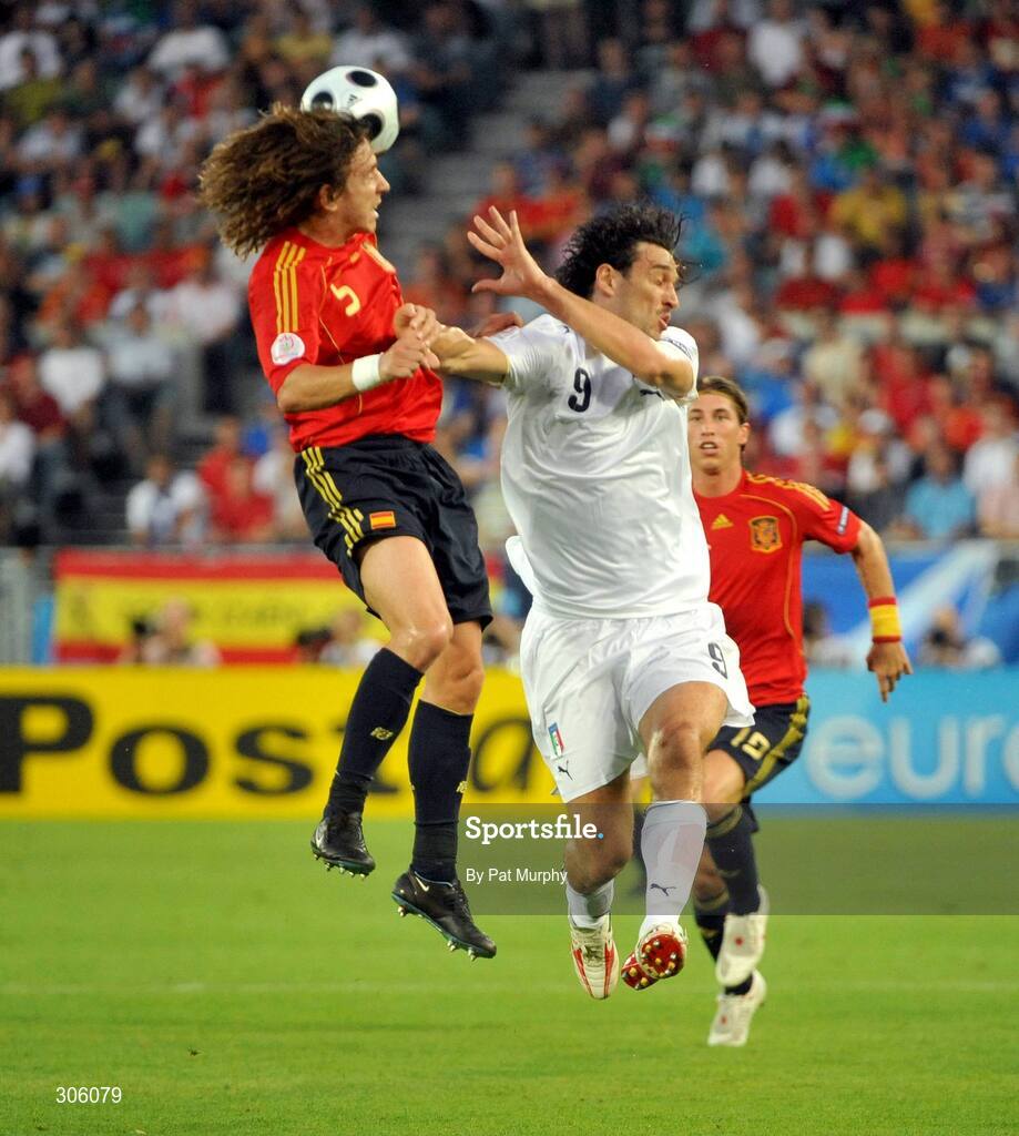 22 June 2008; Carles Puyol, Spain, in action against Luca Toni, Italy. UEFA EURO 2008TM, Quarter-Final, Spain v Italy, Ernst Happel Stadion, Vienna, Austria. Picture credit; Pat Murphy / SPORTSFILE