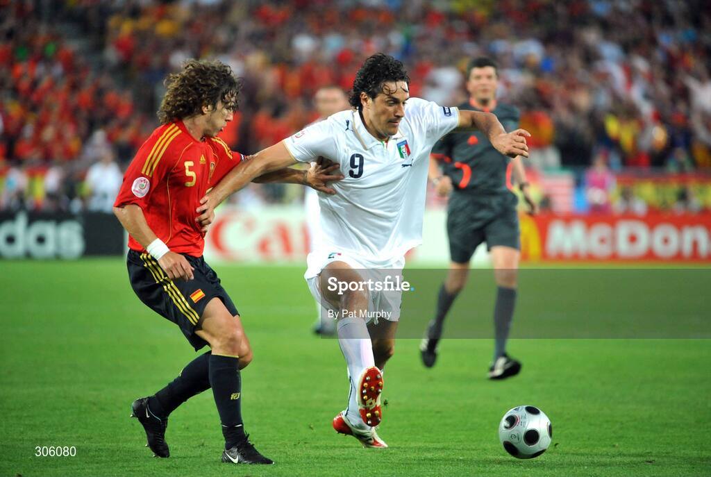 22 June 2008; Luca Toni, Italy, in action against Carles Puyol, Spain. UEFA EURO 2008TM, Quarter-Final, Spain v Italy, Ernst Happel Stadion, Vienna, Austria. Picture credit; Pat Murphy / SPORTSFILE
