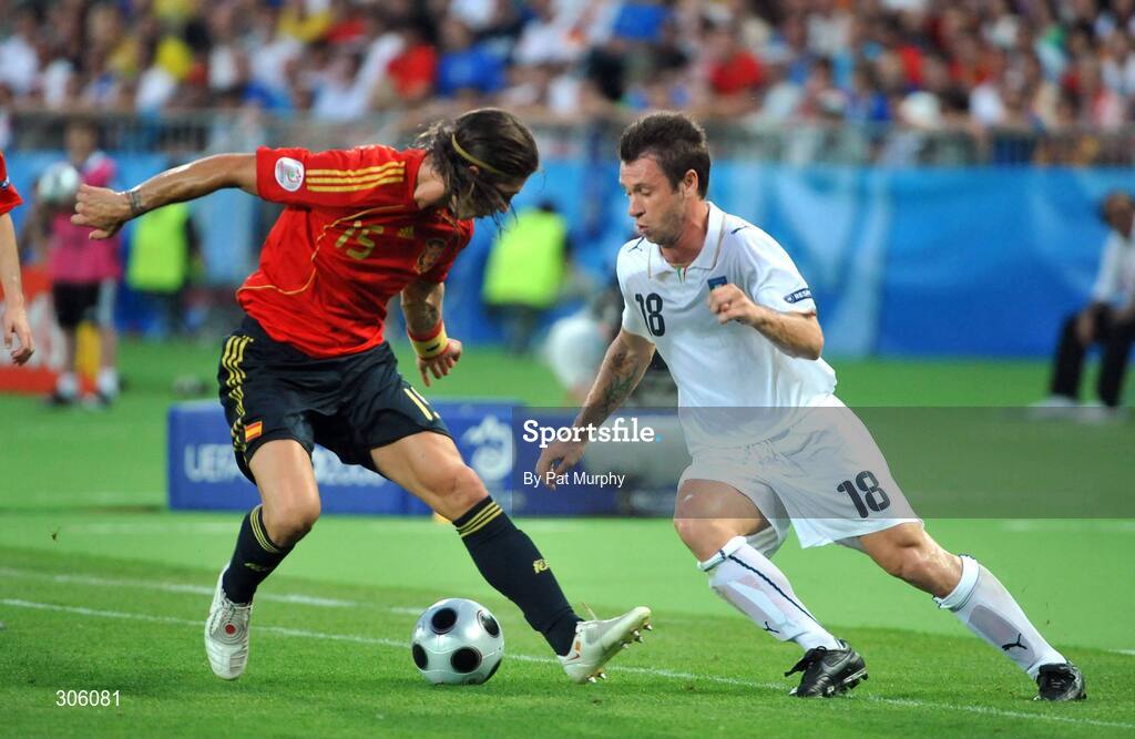22 June 2008; Antonio Cassano, Italy, in action against Sergio Ramos, Spain. UEFA EURO 2008TM, Quarter-Final, Spain v Italy, Ernst Happel Stadion, Vienna, Austria. Picture credit; Pat Murphy / SPORTSFILE