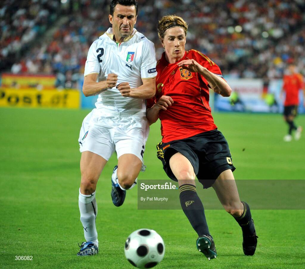 22 June 2008; Fernando Torres, Spain, in action against Christian Panucci, Italy. UEFA EURO 2008TM, Quarter-Final, Spain v Italy, Ernst Happel Stadion, Vienna, Austria. Picture credit; Pat Murphy / SPORTSFILE