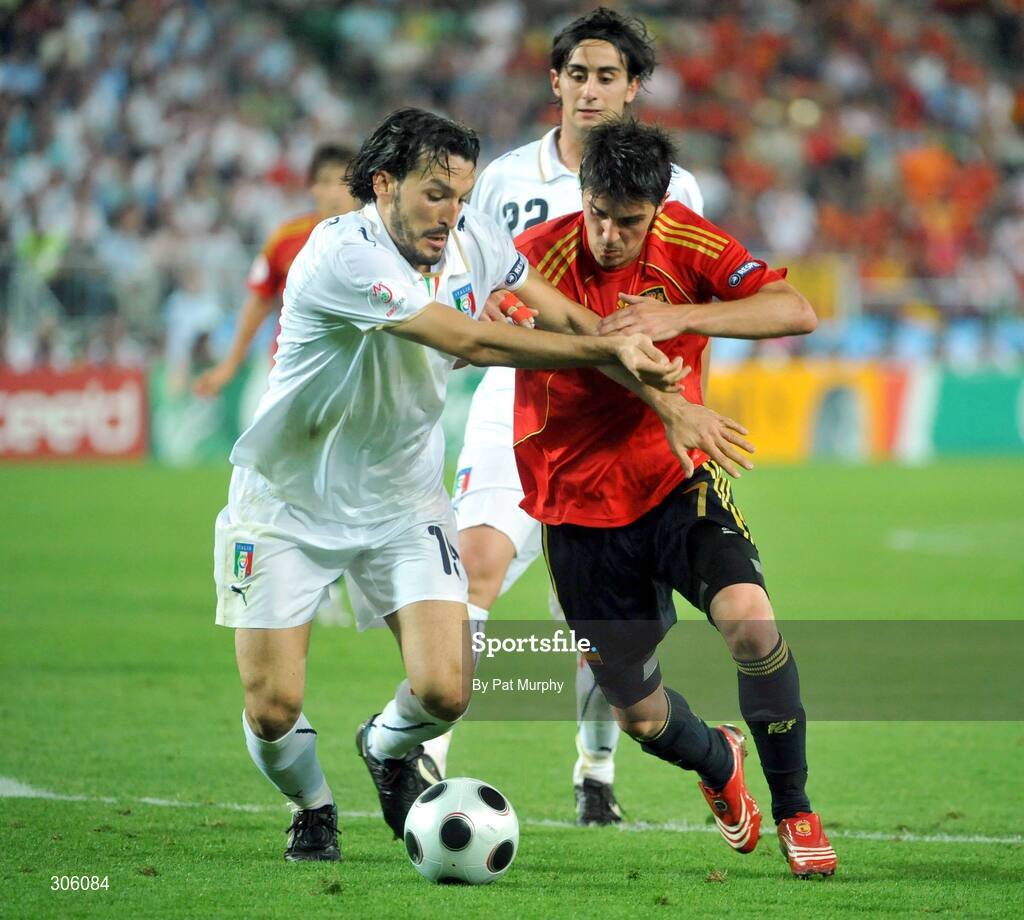 22 June 2008; David Villa, Spain, in action against Gianluca Zambrotta, Italy. UEFA EURO 2008TM, Quarter-Final, Spain v Italy, Ernst Happel Stadion, Vienna, Austria. Picture credit; Pat Murphy / SPORTSFILE