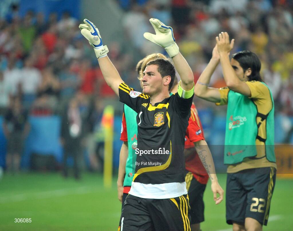 22 June 2008; Iker Casillas, Spain, celebrates after saving two penalties during the shoot-out. UEFA EURO 2008TM, Quarter-Final, Spain v Italy, Ernst Happel Stadion, Vienna, Austria. Picture credit; Pat Murphy / SPORTSFILE