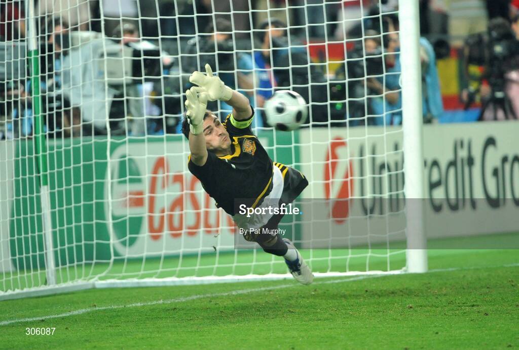 22 June 2008; Iker Casillas, Spain, saves his first penalty during the shoot-out. UEFA EURO 2008TM, Quarter-Final, Spain v Italy, Ernst Happel Stadion, Vienna, Austria. Picture credit; Pat Murphy / SPORTSFILE